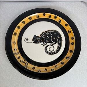 Kylix Signed Art Pottery Plate Chameleon Lizard Black Gold Tribal Design